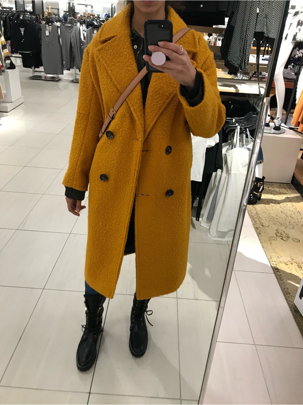 Topshop Mustard Double-Breasted Bouclé Pea Coat